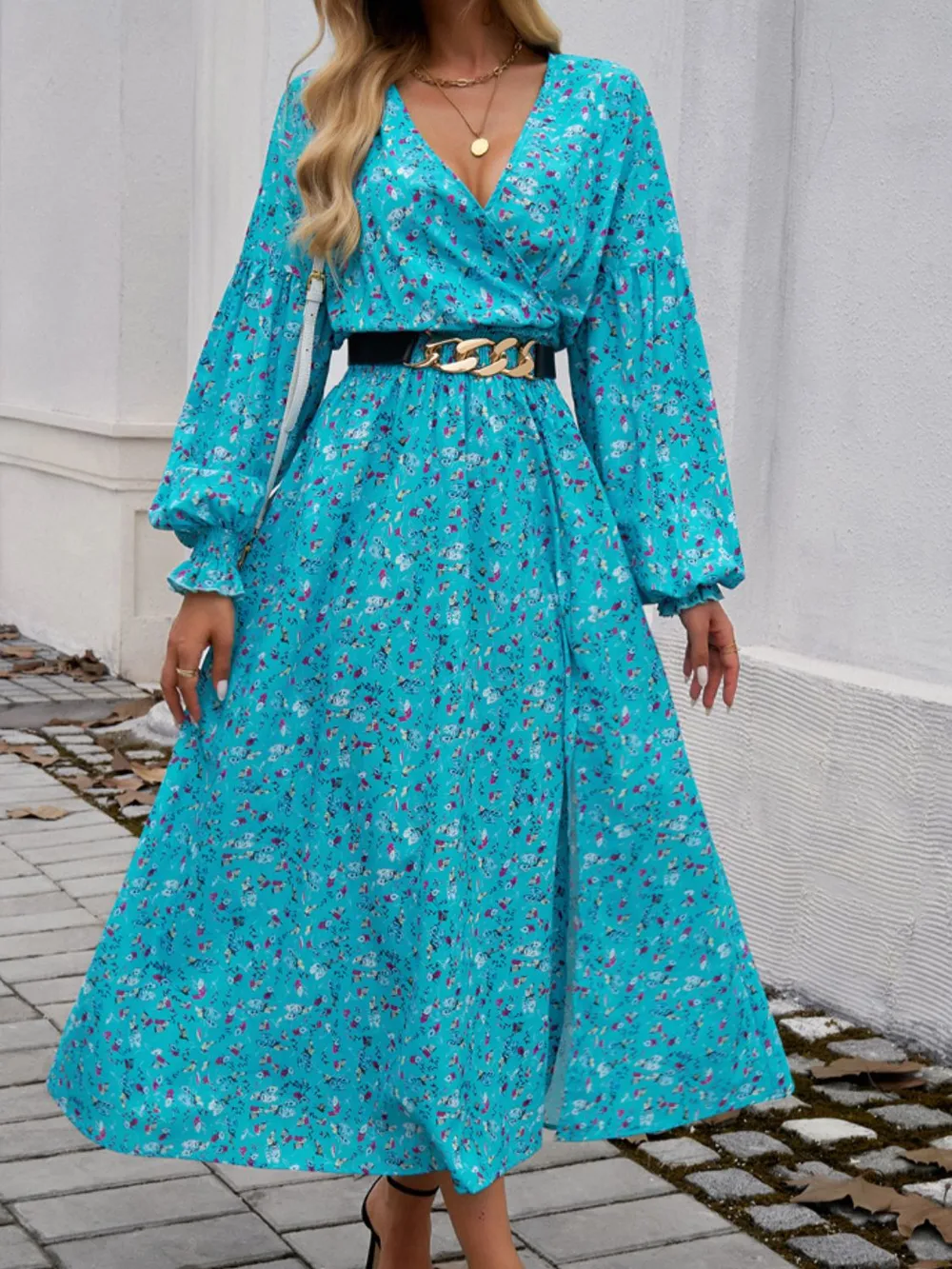 Split Printed Surplice Long Sleeve Midi Dress, image 4