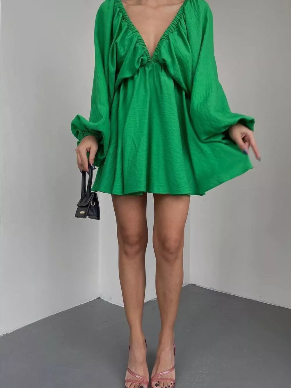 Deep V-Neck Balloon Sleeve Dress, image 13