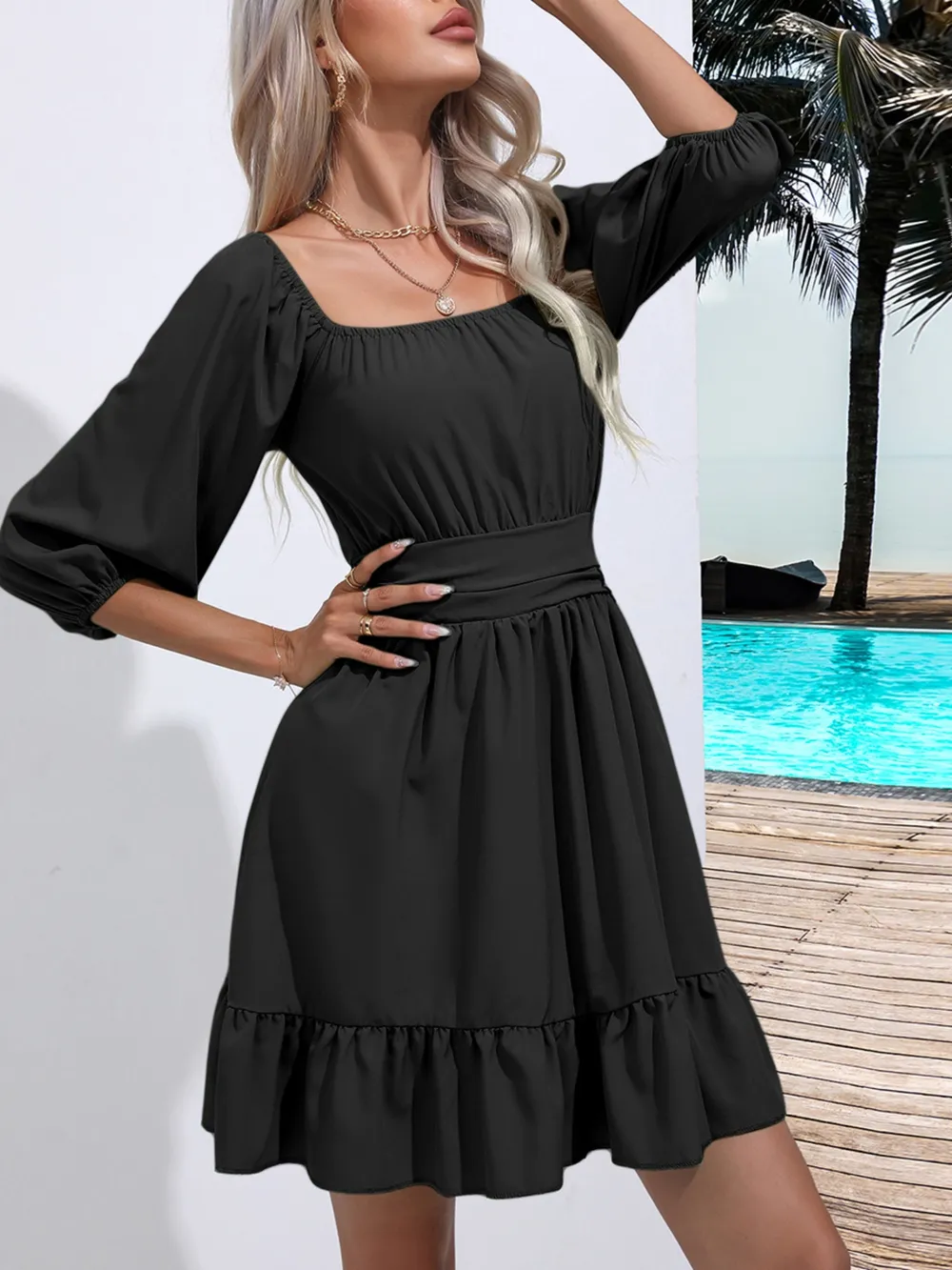 Tie Back Ruffled Hem Square Neck Dress, image 11
