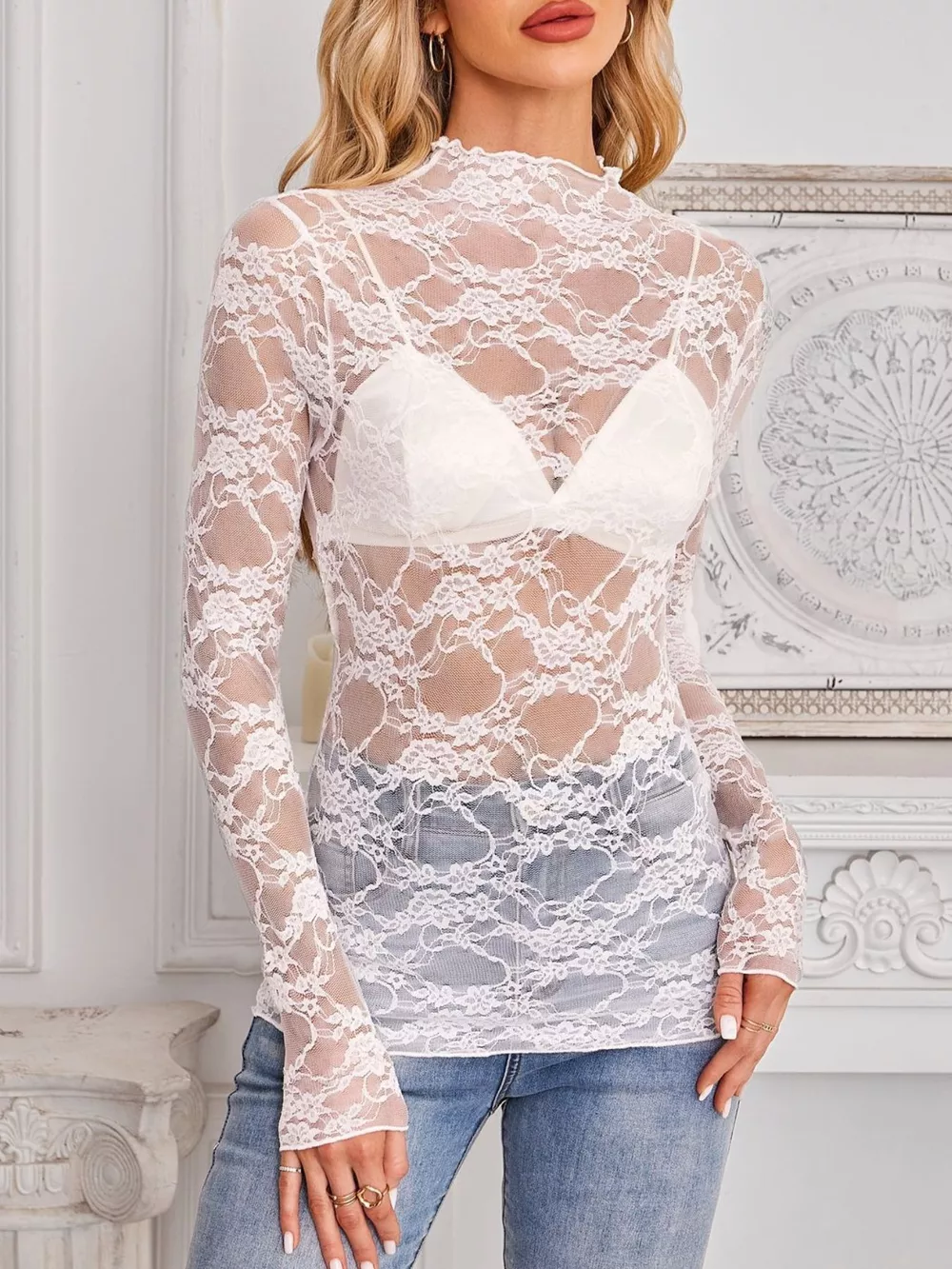 Sheer Floral Lace Long Sleeve Top, image 2