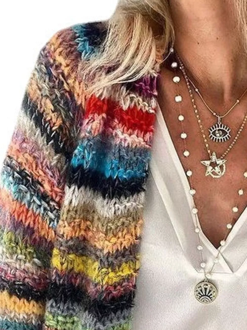 Full Size Multi-Color Striped Chunky Knit Open-Front Cardigan Plus Size, image 2