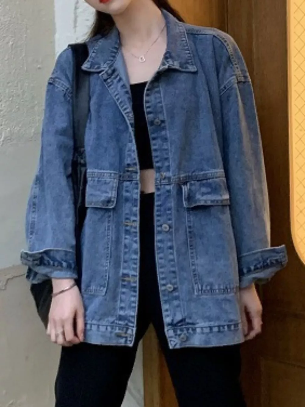 Oversized Wash Denim Jacket with Utility Pockets, image 4