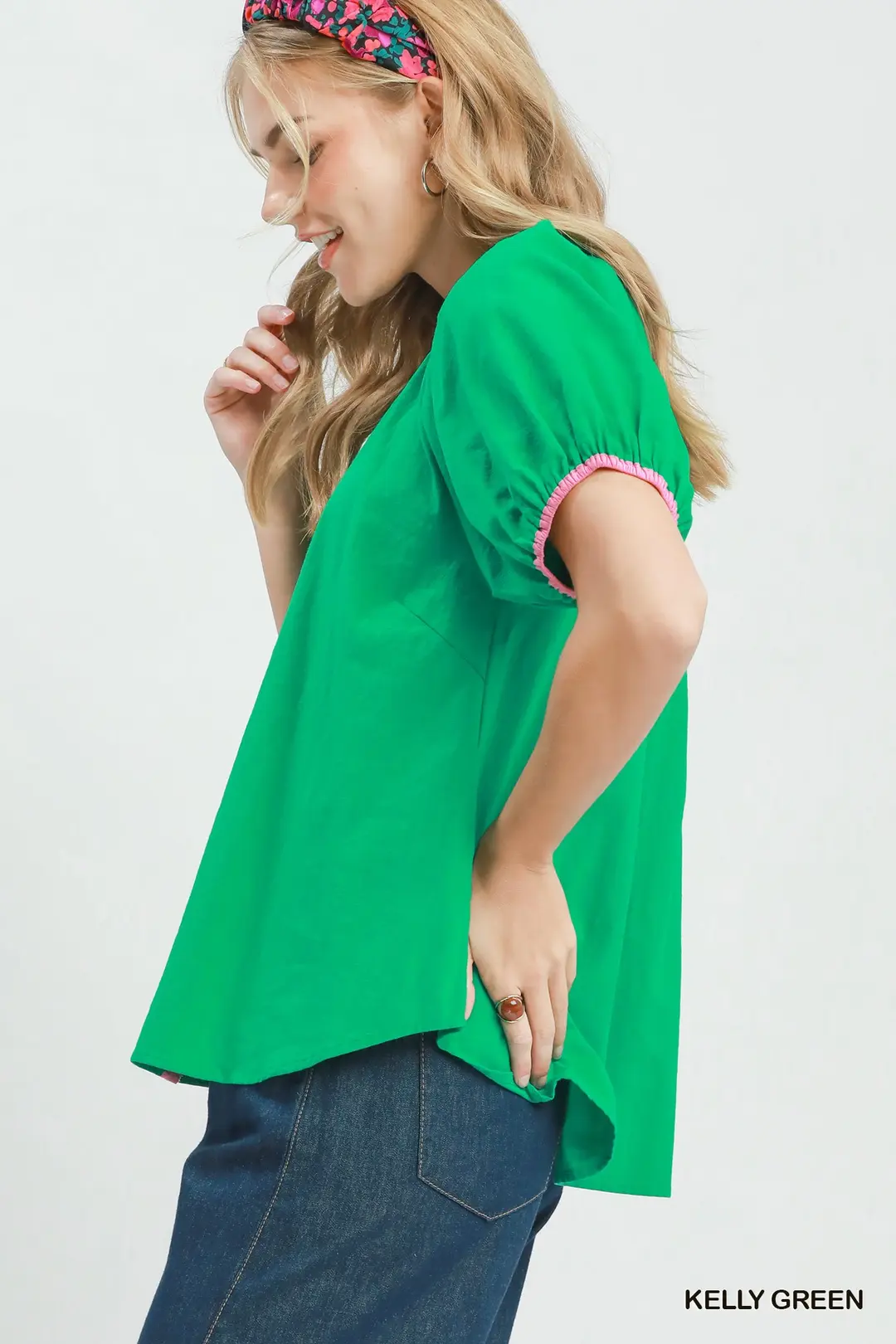 Contrast Trim Button Front Puff Sleeve Blouse, image 2