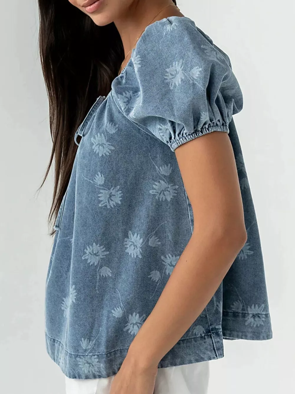 Floral Print Puff Sleeve Denim Top, image 4