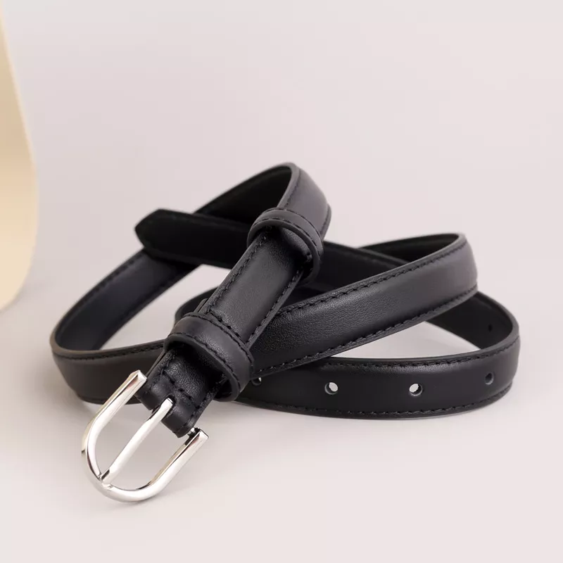 Skinny Leather Belt with Silver Buckle, image 2