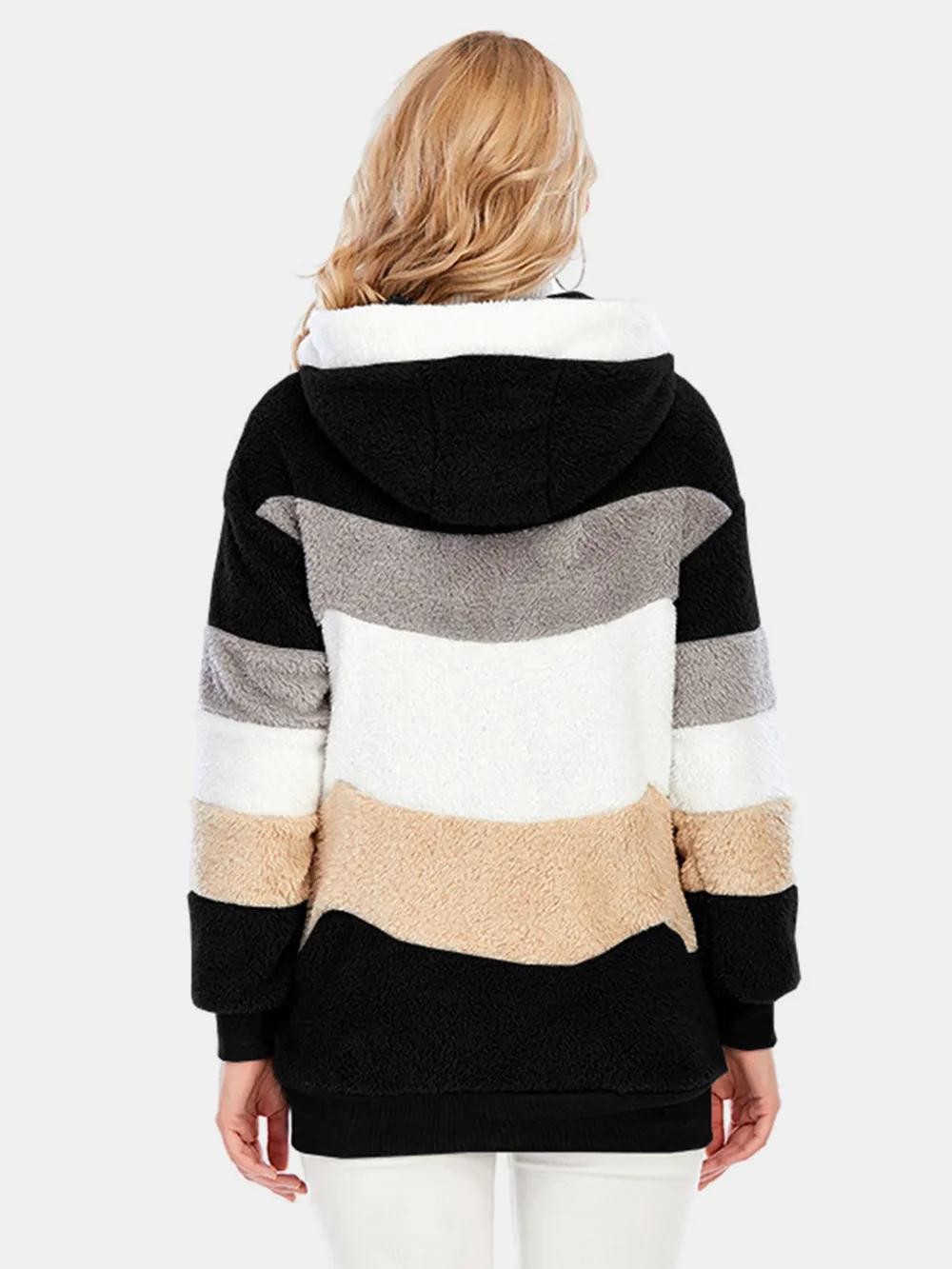 Full Size Drawstring Color Block Zip Up Hooded Outerwear, image 18