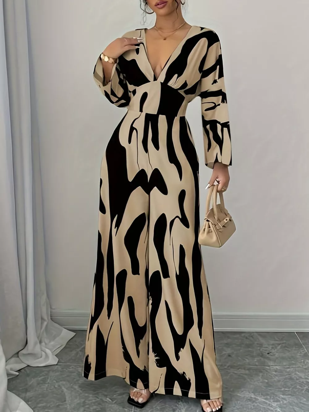 Abstract Print V-Neck Wide Leg Jumpsuit, image 5