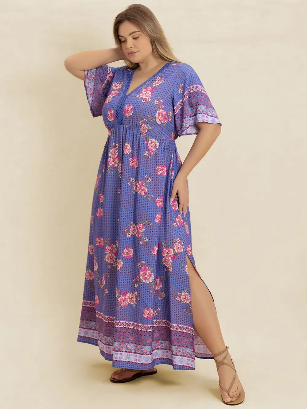 Plus Size Printed V-Neck Flutter Sleeve Dress, image 8