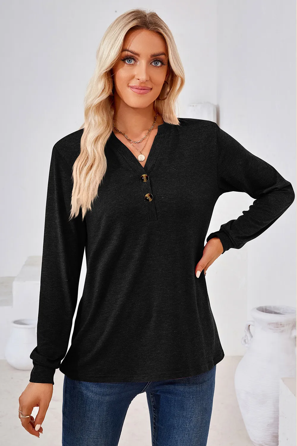 Notched Button Detail Long Sleeve T-Shirt, image 14