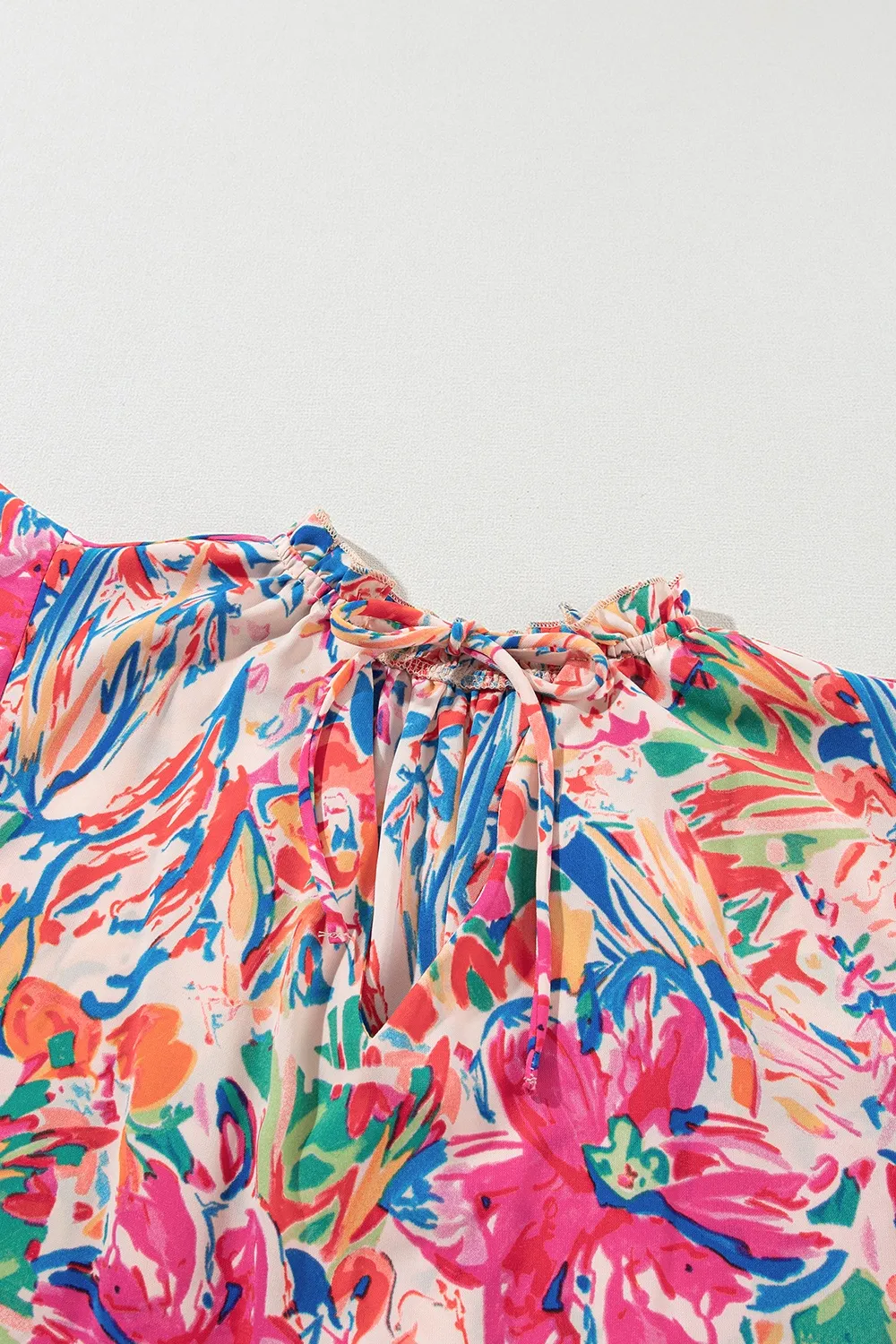 Ruffled Printed Tie Neck Cap Sleeve Blouse, image 5