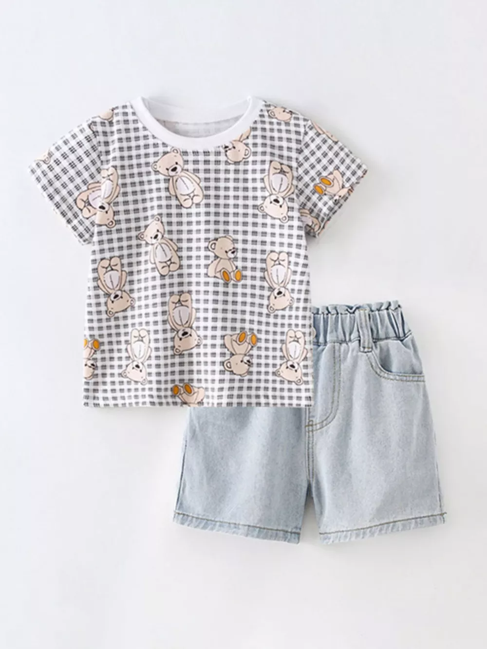 Children's Bear Print T-Shirt and Denim Shorts Set