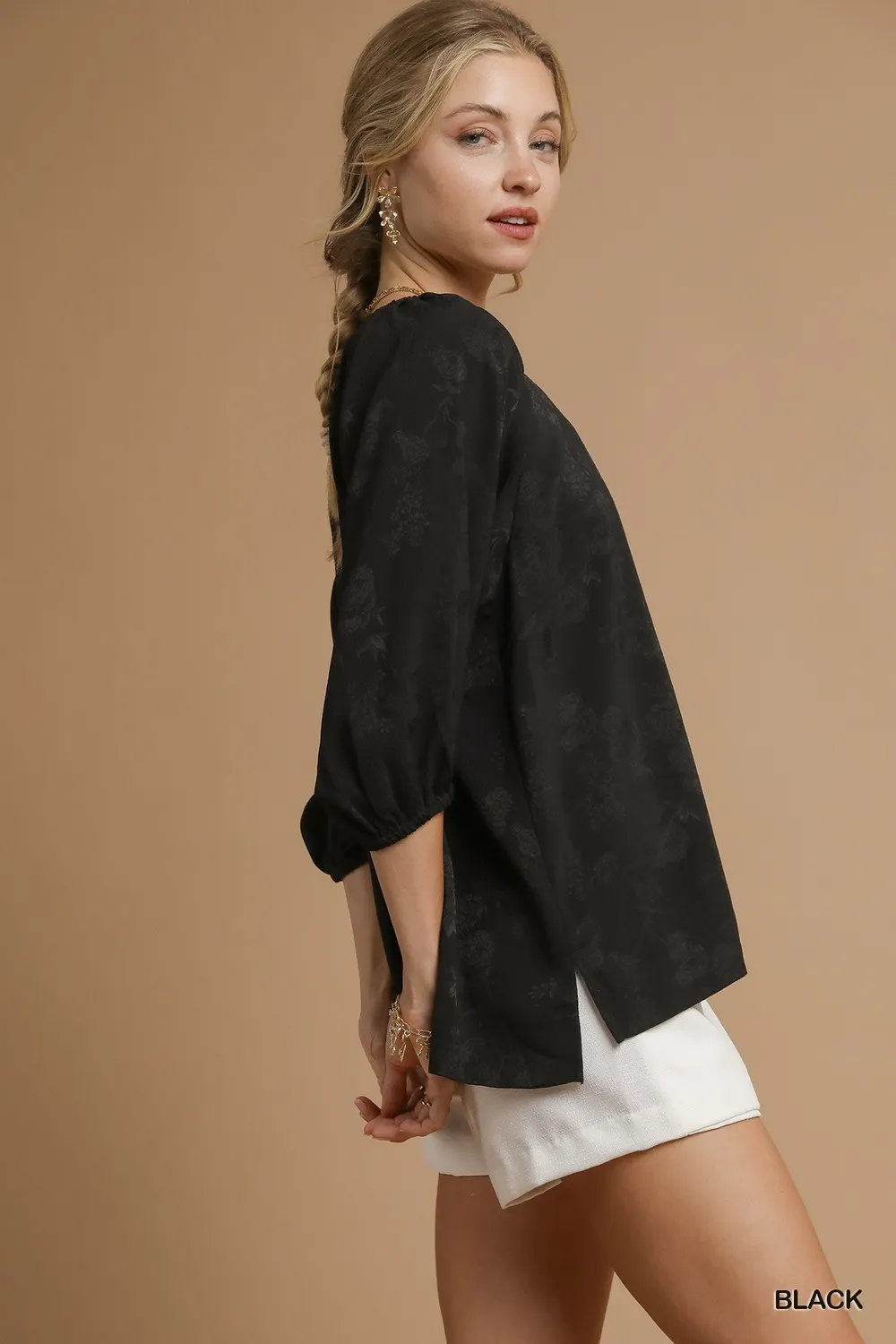 Satin Jacquard Balloon Sleeve Blouse, image 3