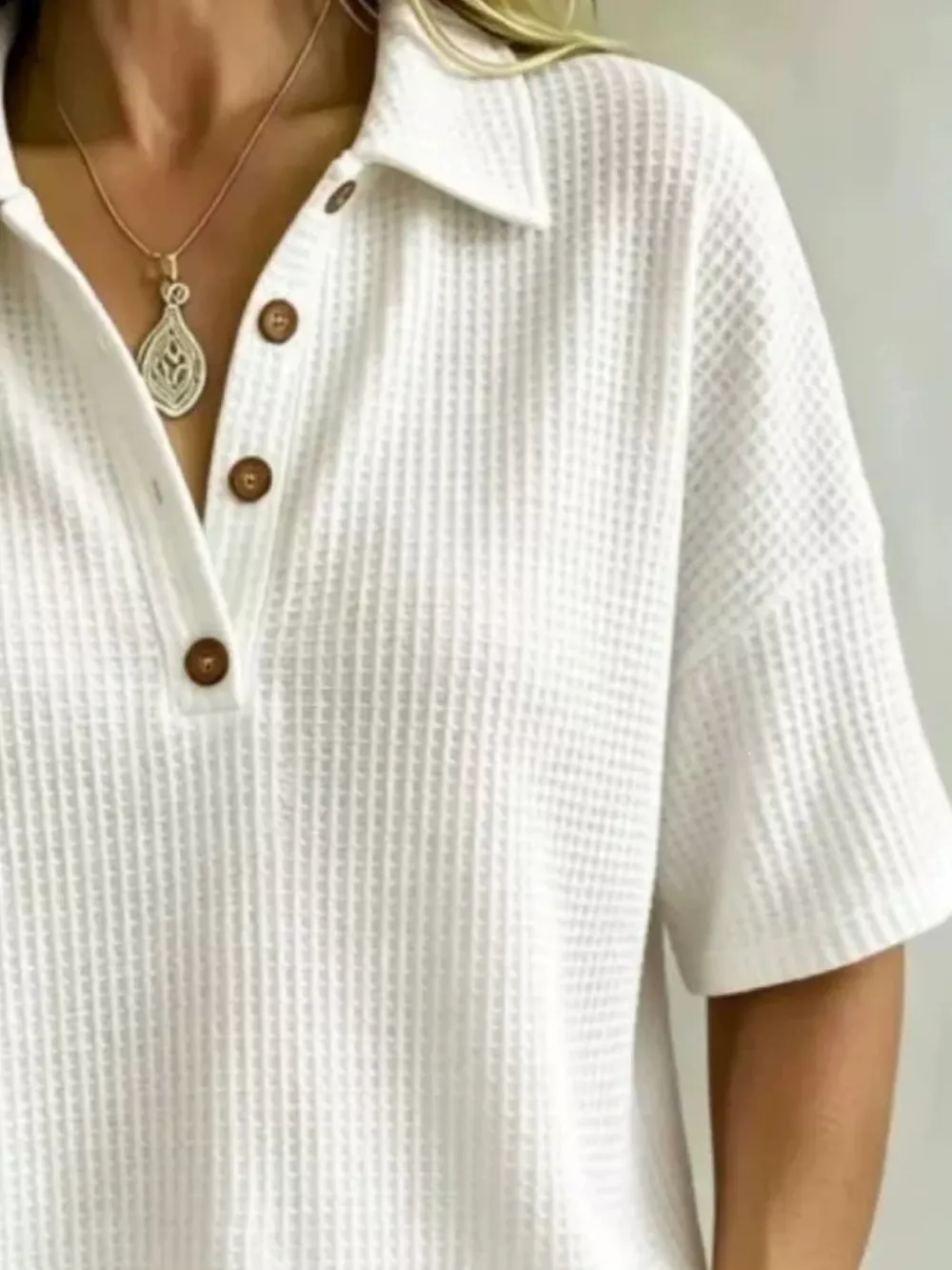 Full Size Waffle Knit Polo Top with Button Detail Plus Size, image 2