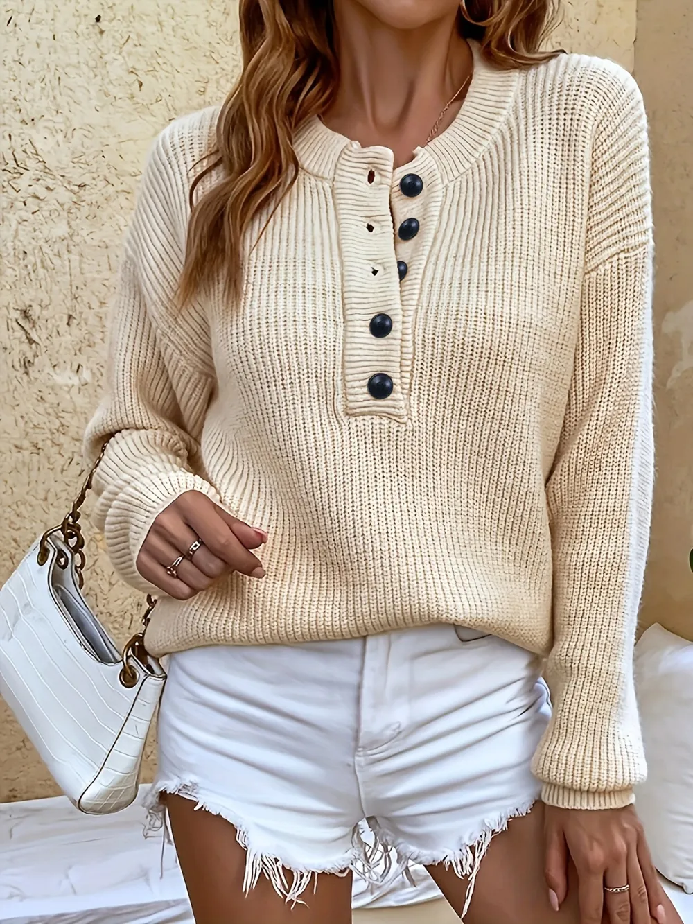 Half Button Dropped Shoulder Sweater, image 2