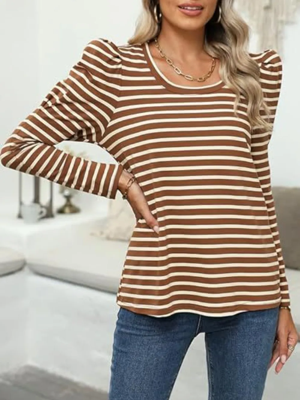 Striped Round Neck Long Sleeve T-Shirt, image 20