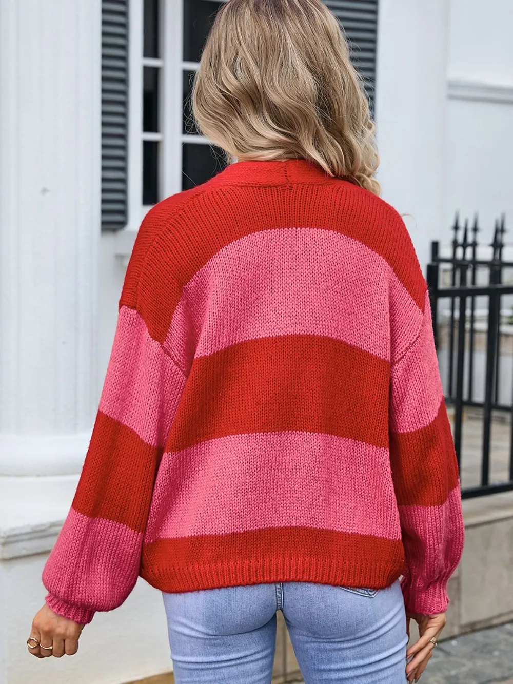 Striped Open Front Dropped Shoulder Cardigan, image 3