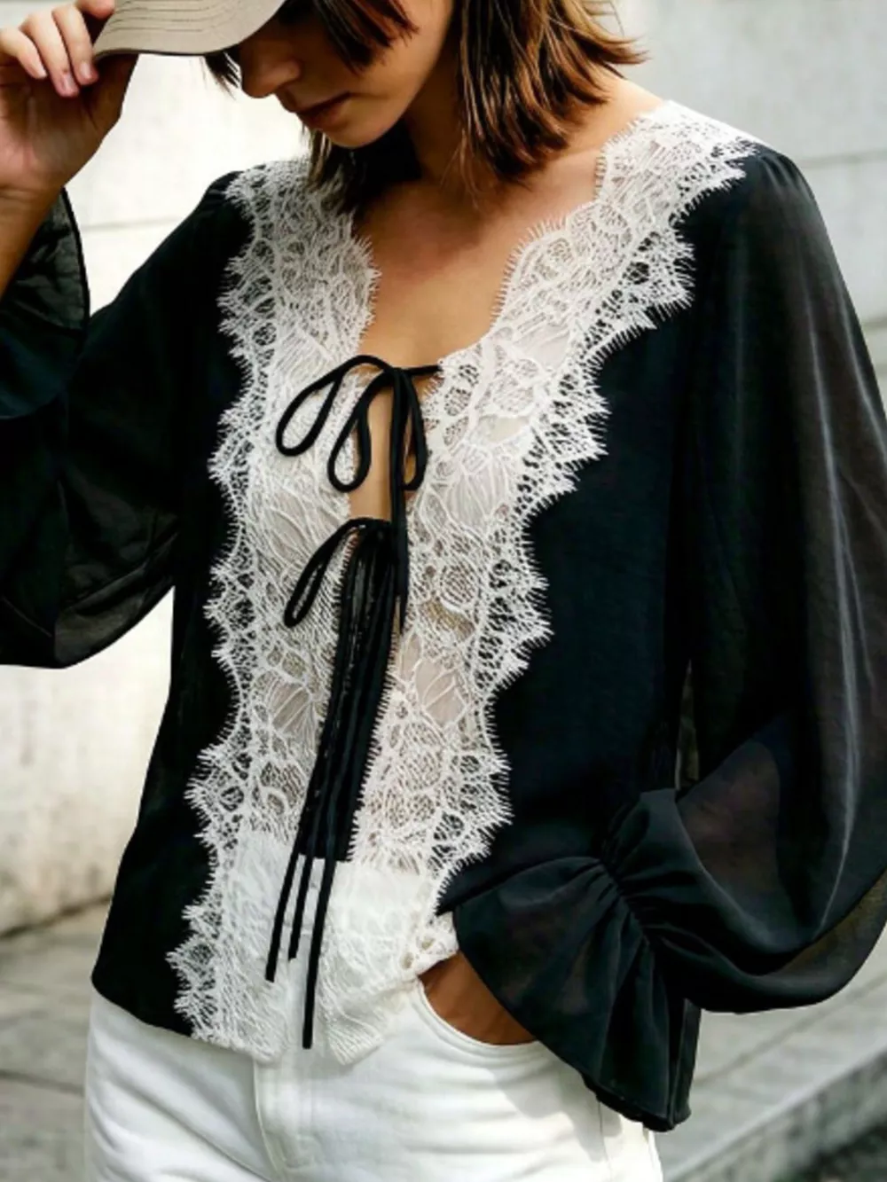 Sheer Lace-Trimmed Front Tie Blouse, image 11