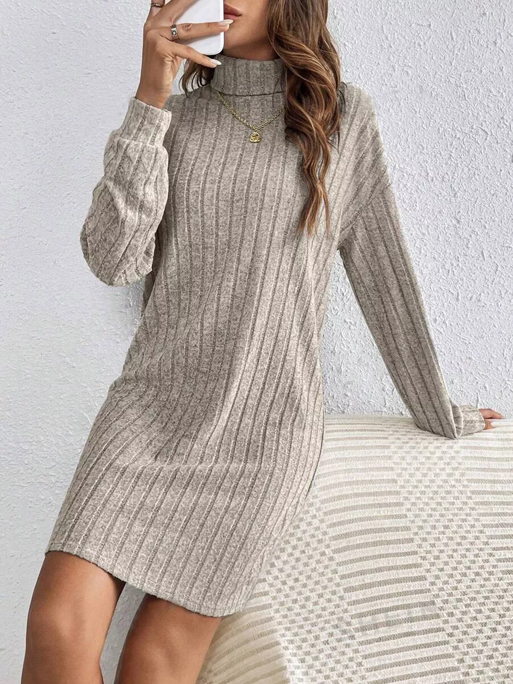 Turtleneck Ribbed Knit Dress, image 3