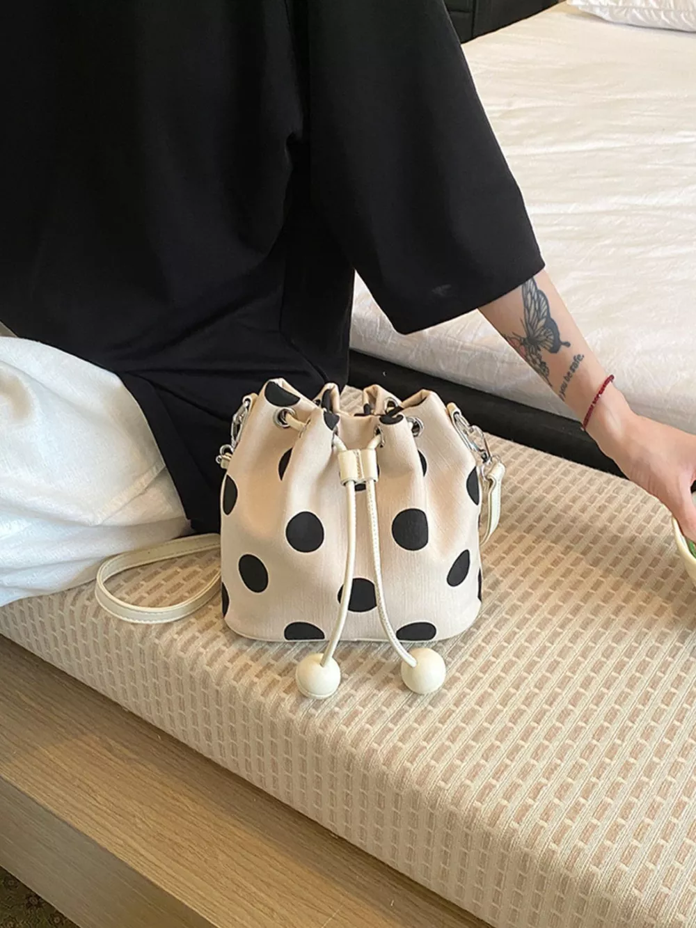 Polka Dot Drawstring Bucket Crossbody Bag, image 2