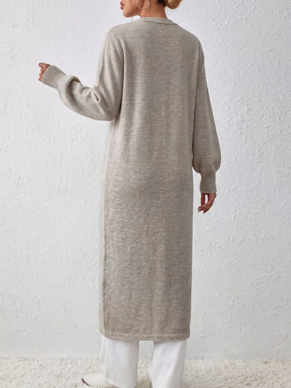Elegant Longline Button-Front Cardigan with Lantern Sleeves, image 4
