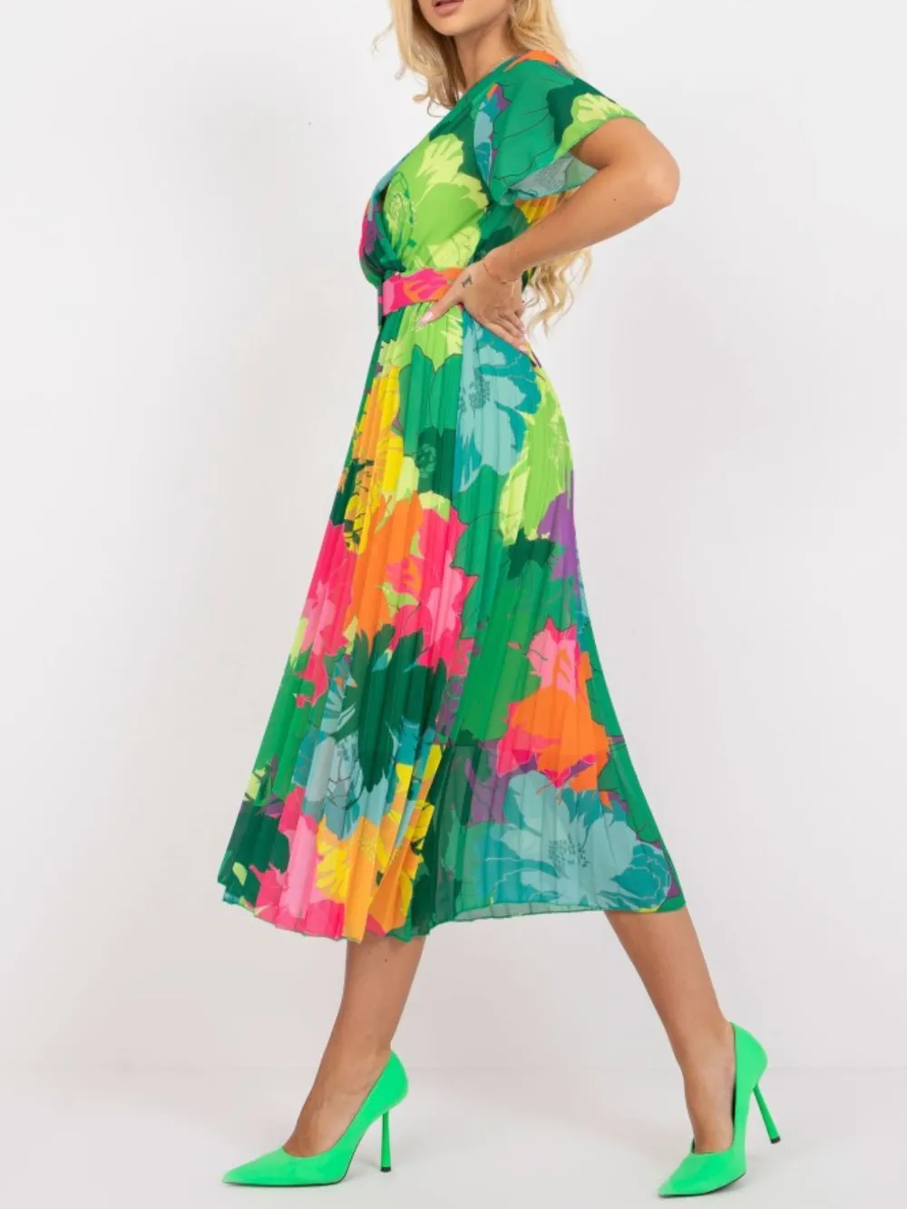 Printed Pleated Midi Wrap Dress with Belt, image 3