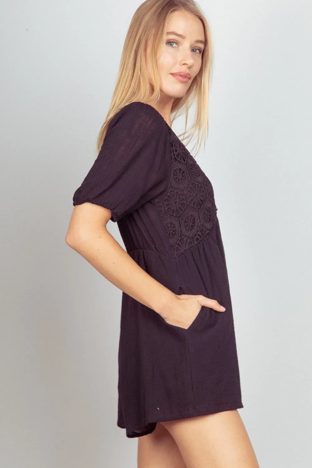 Lace Detail Puff Sleeve Romper with Pockets, image 3