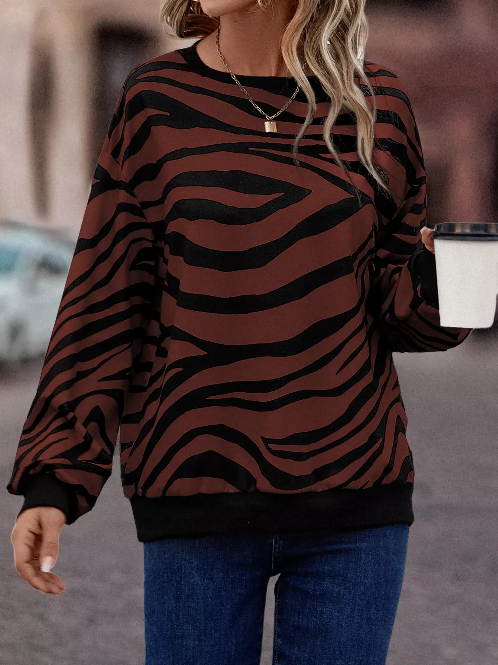 Zebra Print Round Neck Casual Sweatshirt, image 12