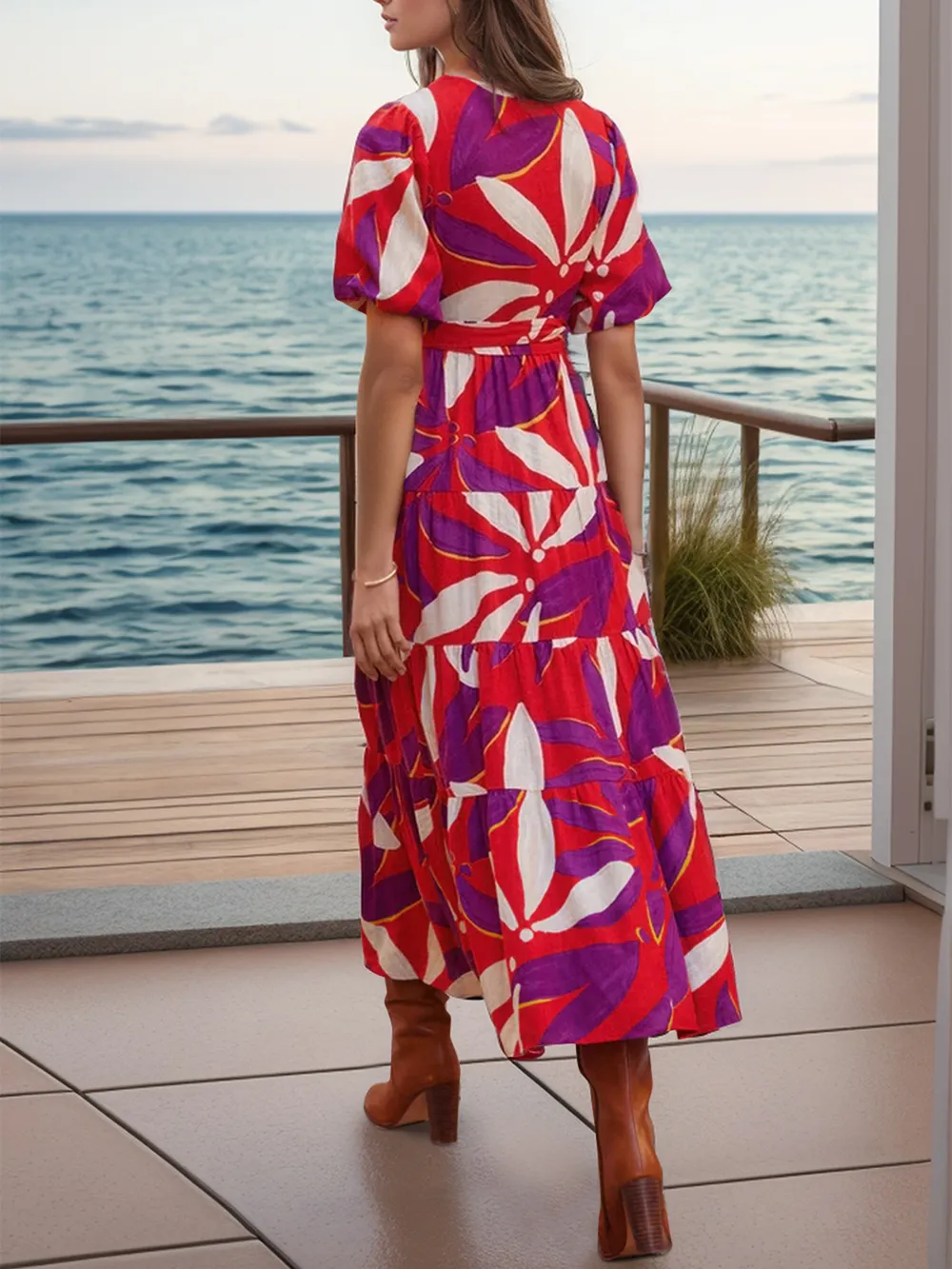 Tied Slit Printed Half Sleeve Midi Dress, image 4