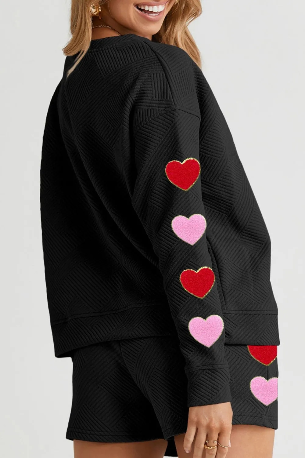 Heart Texture Round Neck Top and Drawstring Shorts Set, image 3