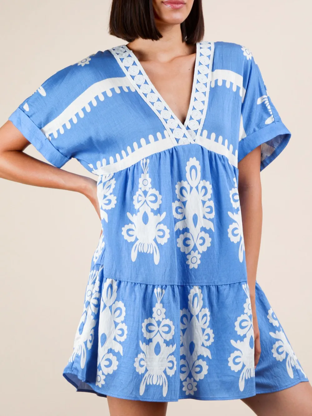 Printed V-Neck Short Sleeve Mini Dress, image 18