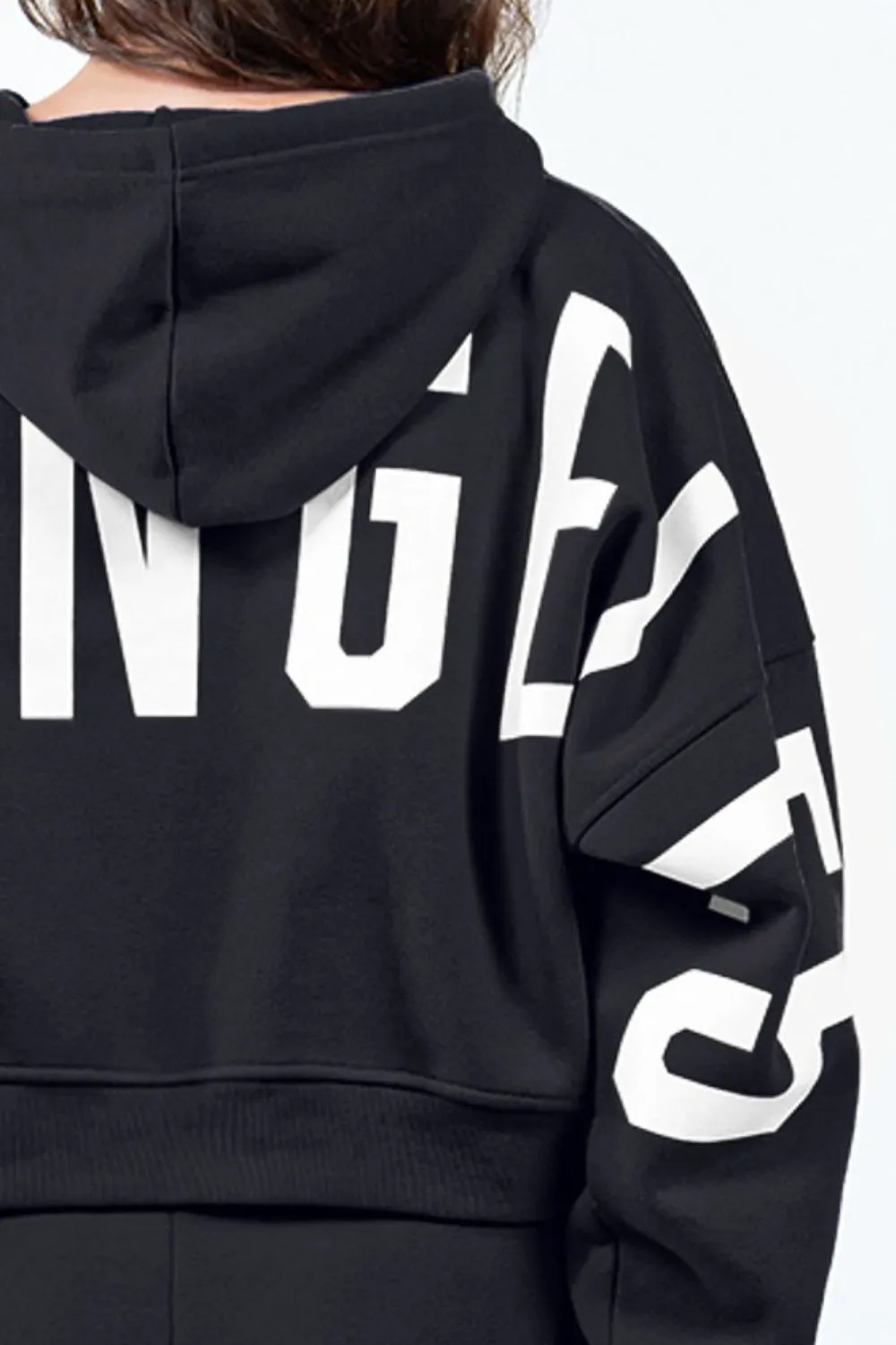 Letter Graphic Long Sleeve Drawstring Cropped Hoodie, image 3