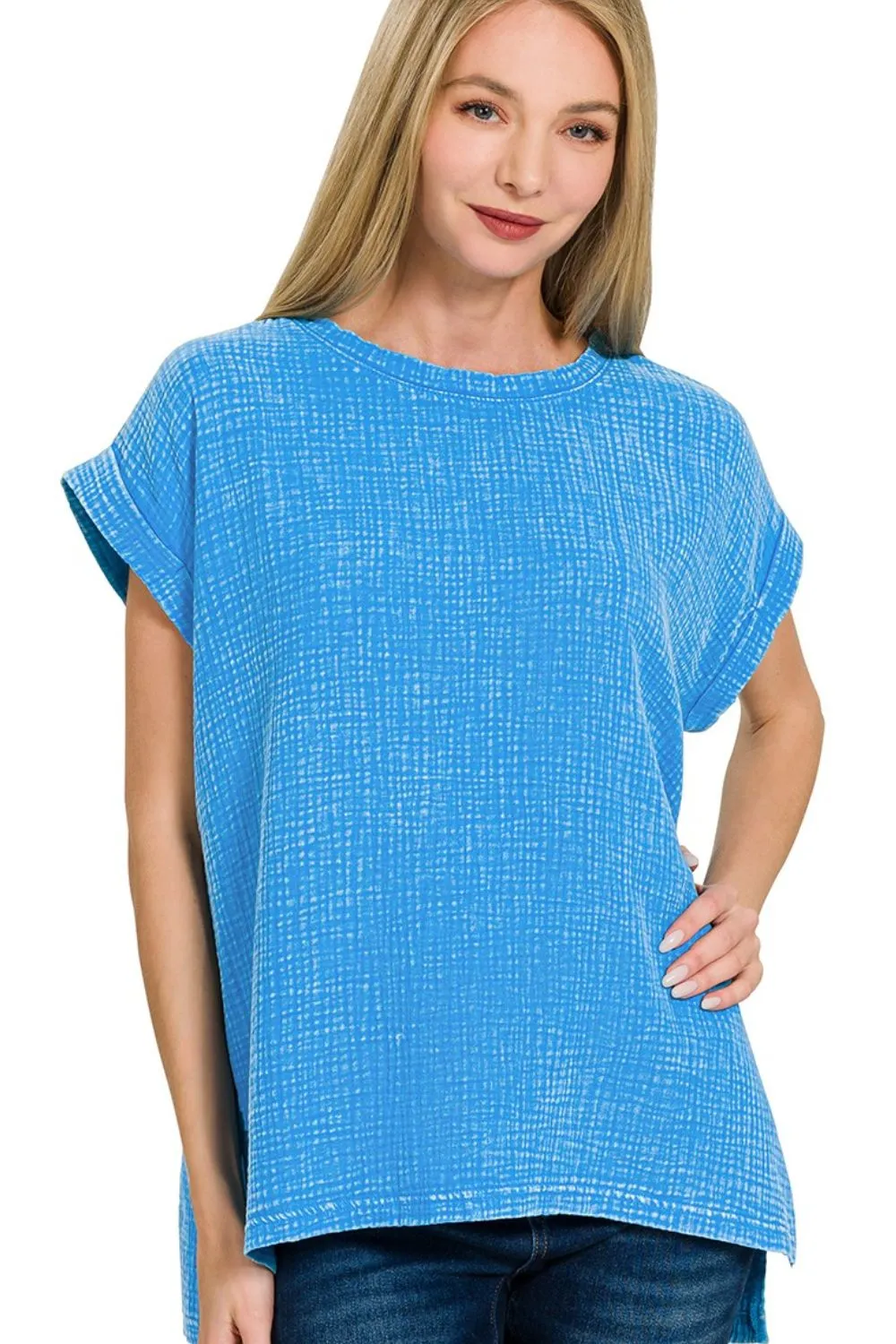 Woven Double Gauze Acid Washed Short Sleeve Top, image 2