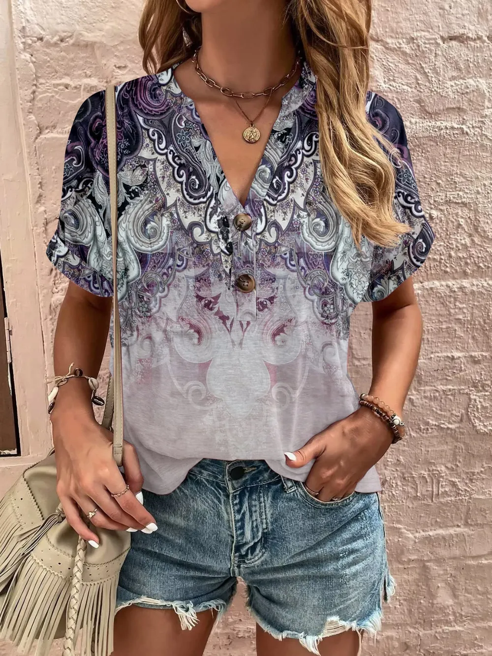 Full Size Printed Notched Short Sleeve Blouse, image 11