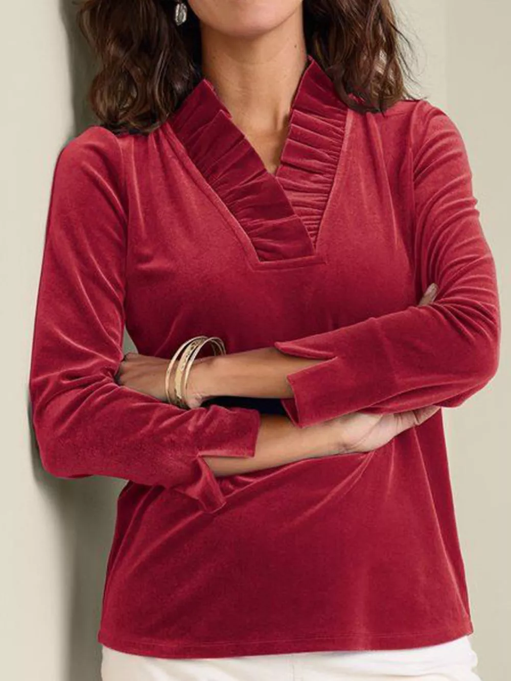 Velvet Long Sleeve Blouse with Ruffled V-Neck, image 8