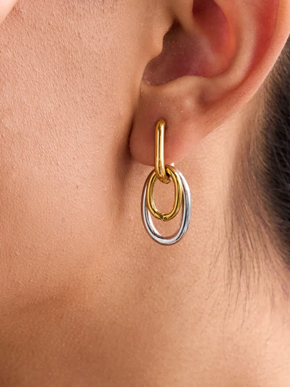 Stainless Steel Two-Tone Interlocked Hoop Earrings, image 5