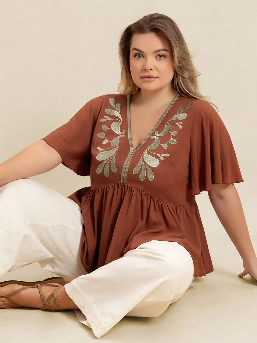 Plus Size Embroidered V-Neck Flutter Sleeve Blouse, image 8