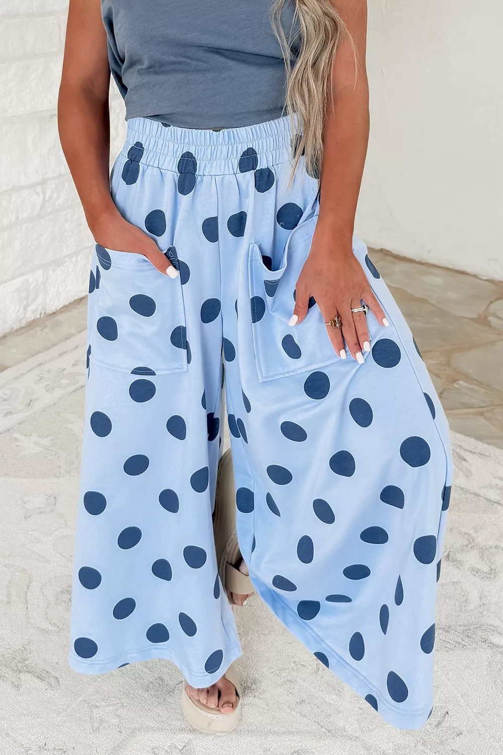 Polka Dot Wide Leg Elastic Waist Casual Pants, image 3