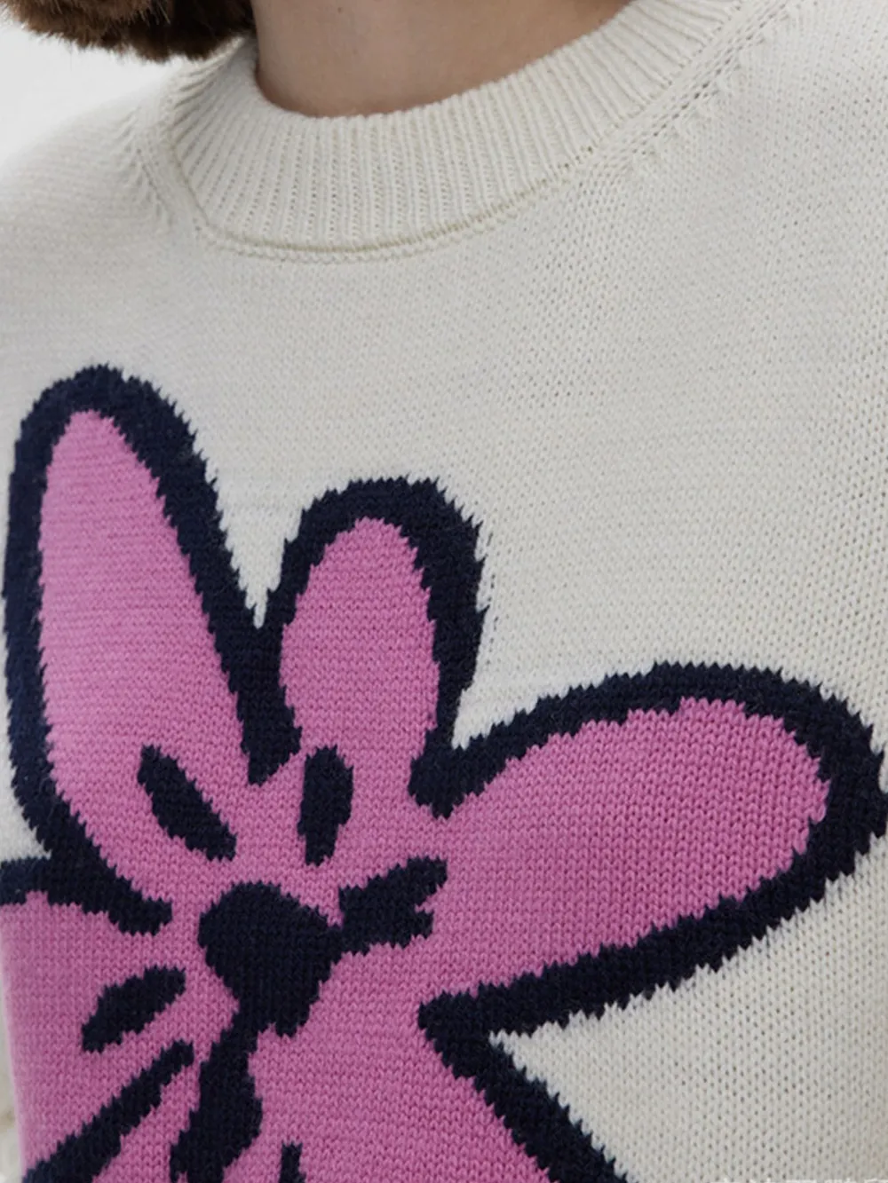 Flower Ribbed Hem Round Neck Sweater, image 4