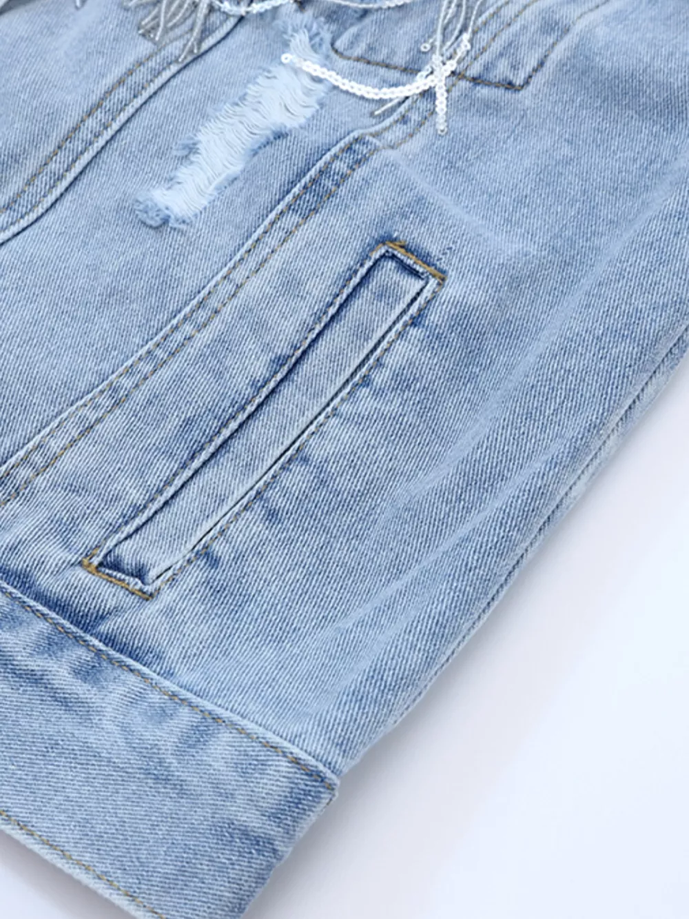 Fringed Sequin Embellished Denim Jacket, image 11