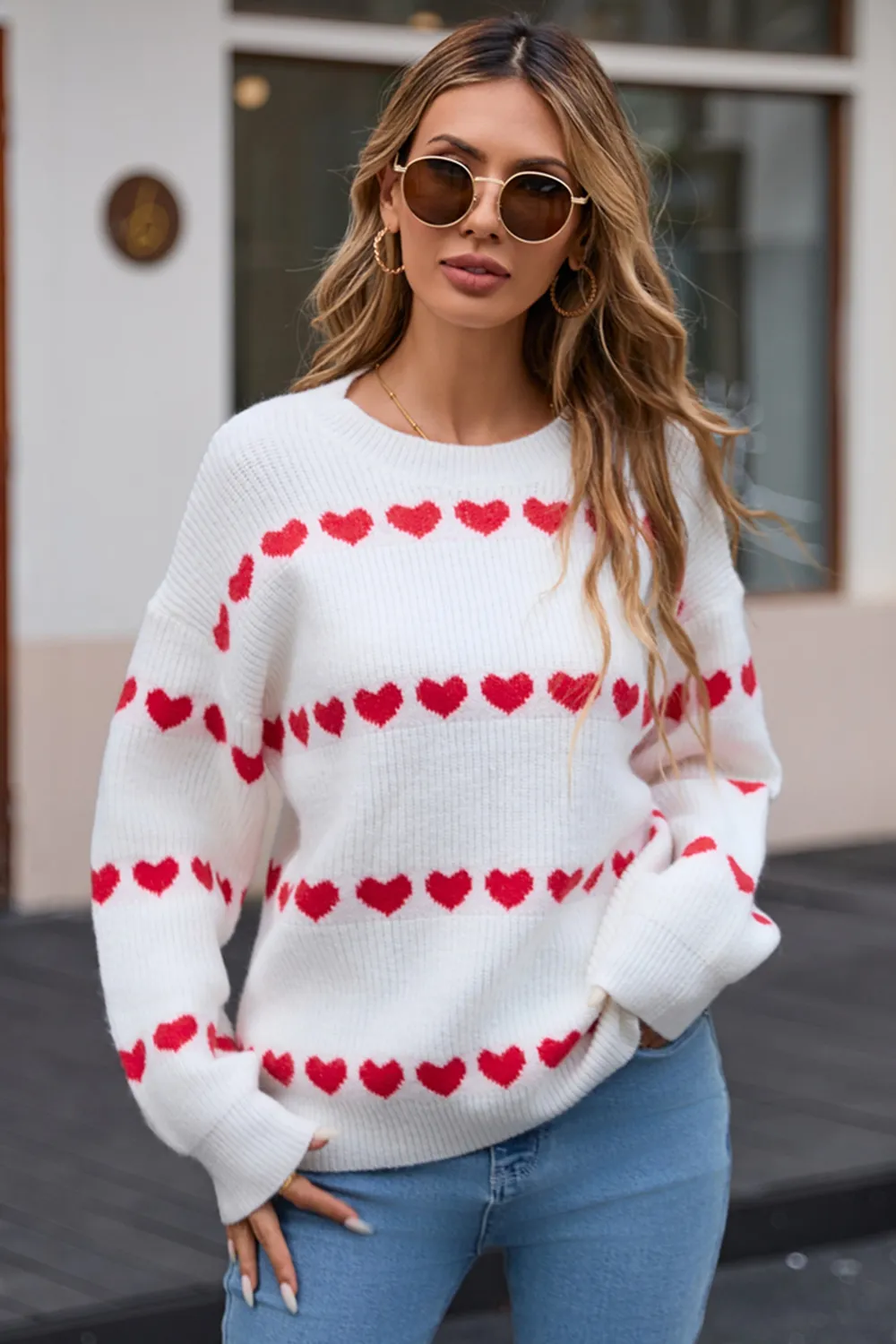 Heart Round Neck Long Sleeve Sweater, image 3