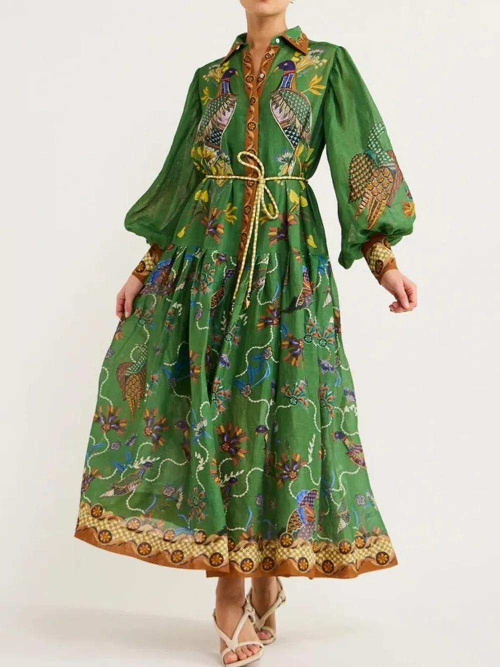 Printed Lantern Sleeve Maxi Shirt Dress, image 6