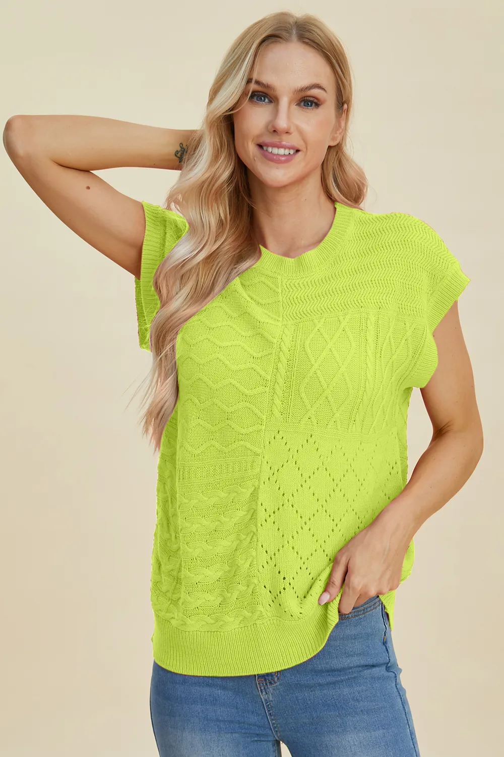 Full Size Cable-Knit Round Neck Cap Sleeve Sweater, image 30