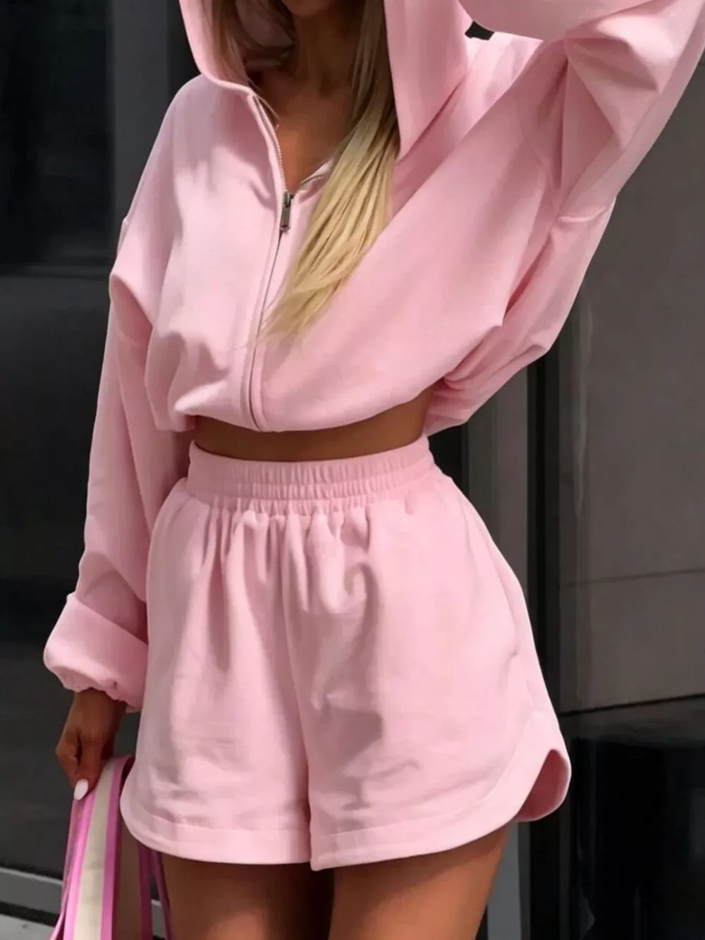 Zip Up Crop Hoodie and Shorts Set, image 3