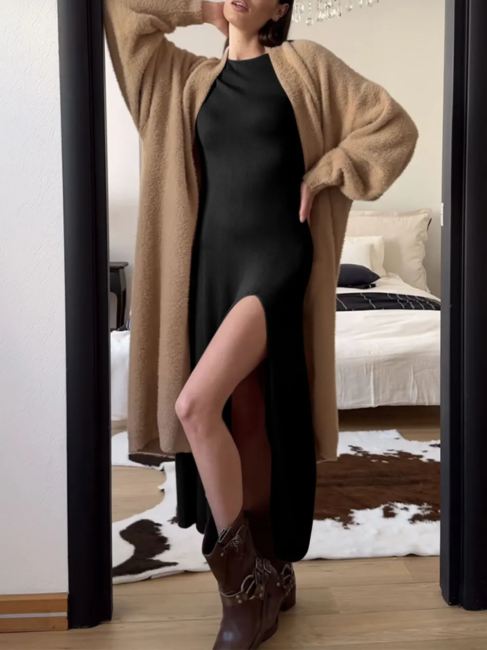 Side Slit Round Neck Long Sleeve Dress, image 6
