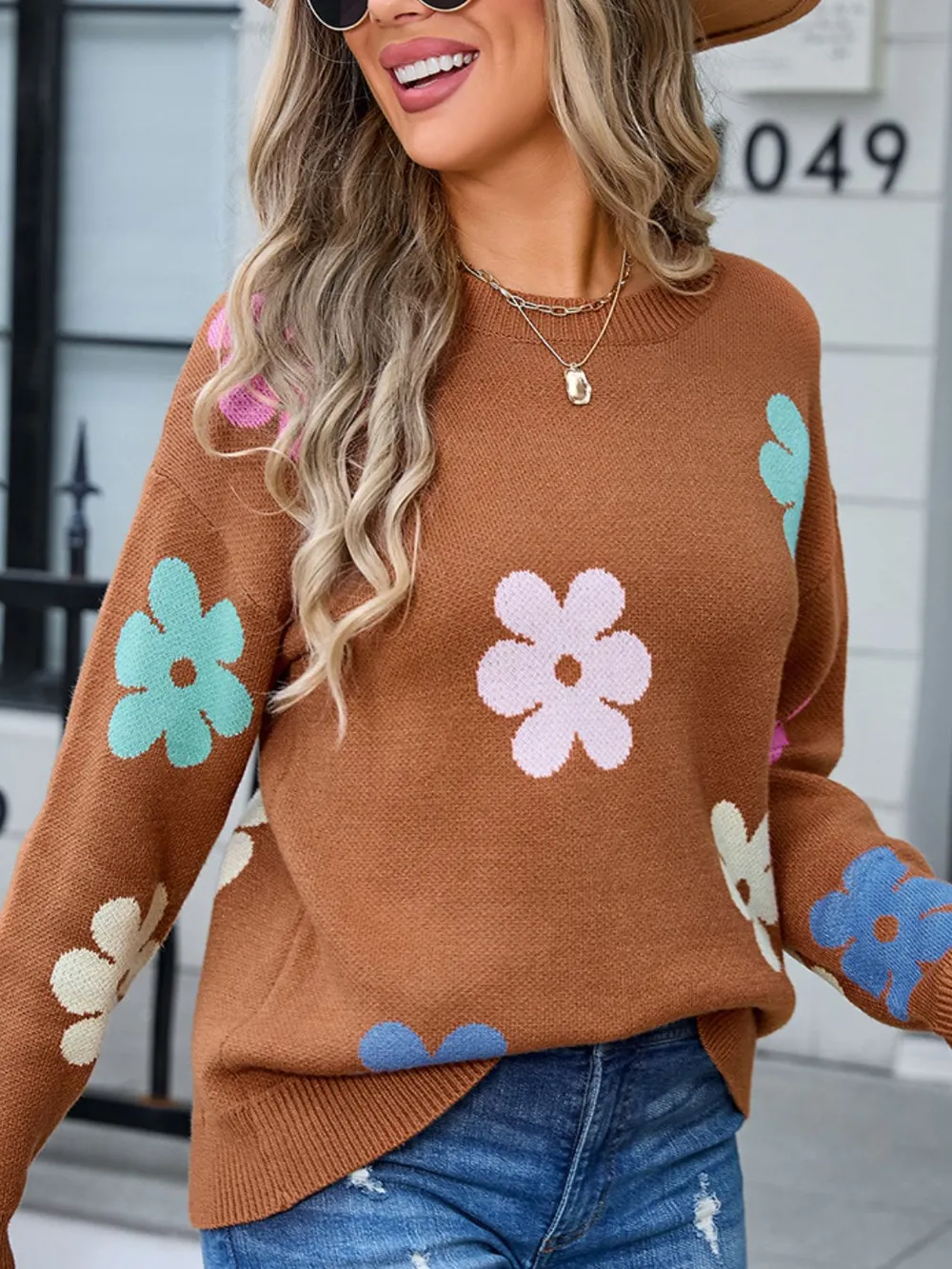 Flower Round Neck Long Sleeve Sweater, image 14