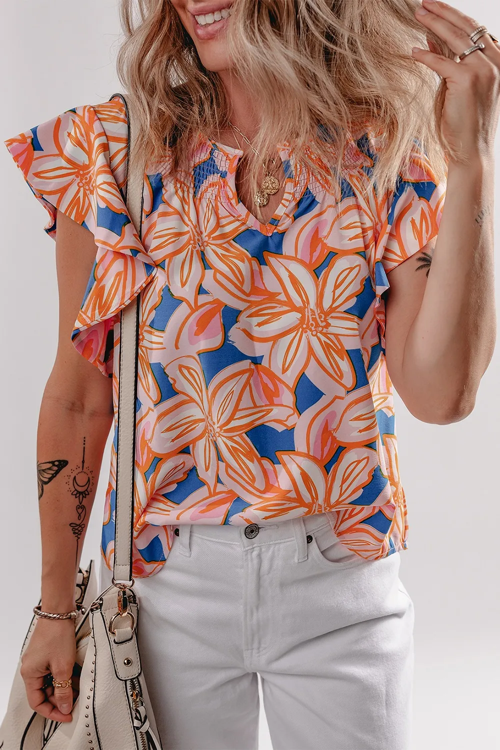 Flower Print Notched Neck Ruffle Sleeve Blouse, image 12