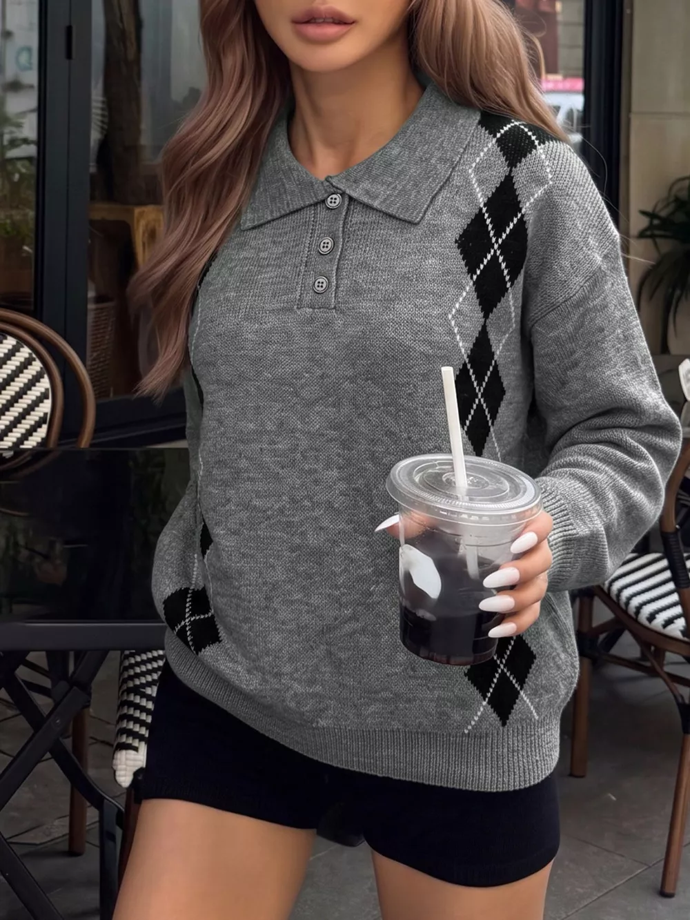 Argyle Patterned Polo Collar Sweater, image 2