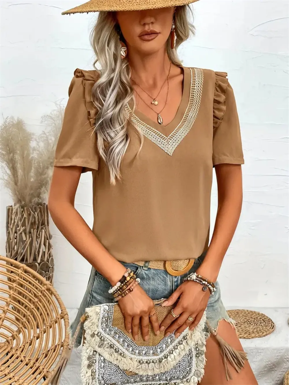 Ruffled V-Neck Short Sleeve Blouse, image 3