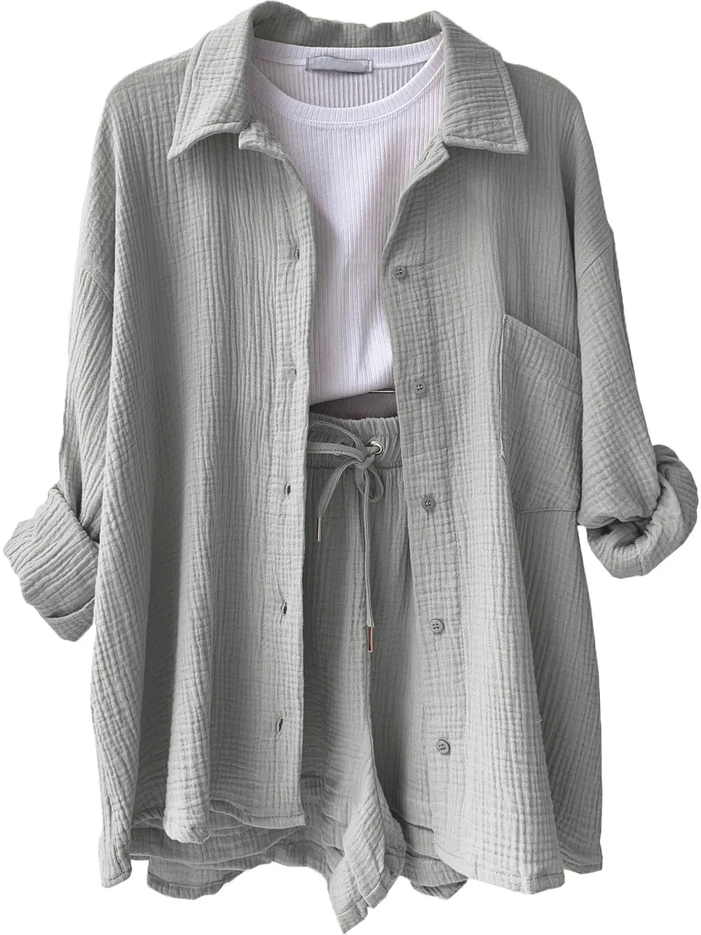Texture Button Up Shirt and Drawstring Shorts Set, image 27