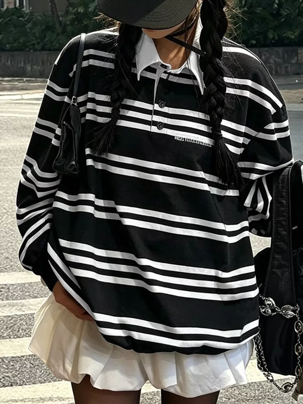 Oversized Striped  Contrast Collar Polo Top, image 2